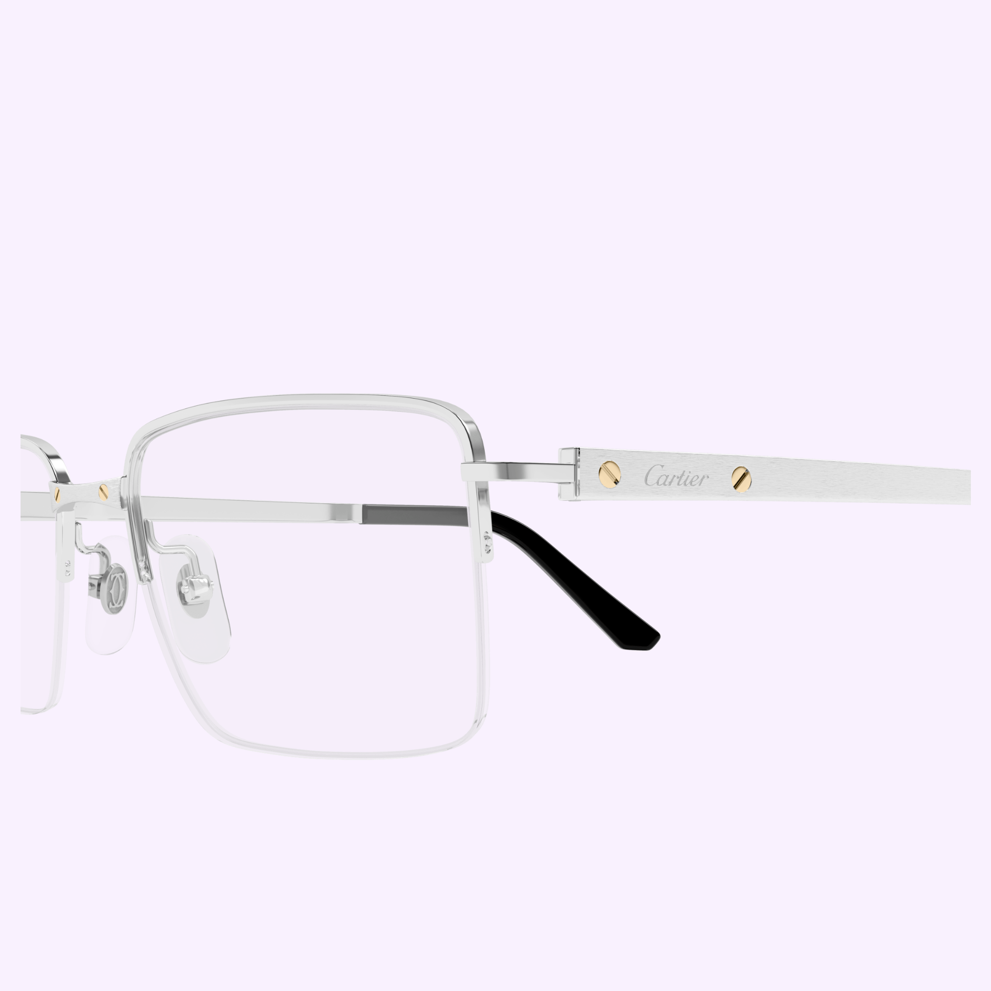 Cartier Optical Frames CT0554O-002 56 by Cartier Sunglasses feature silver square frames, clear lenses, thin metallic arms with gold screws, engraved logos, and black ear tips. Displayed on a light purple background.