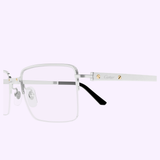 Cartier Optical Frames CT0554O-002 56 by Cartier Sunglasses feature silver square frames, clear lenses, thin metallic arms with gold screws, engraved logos, and black ear tips. Displayed on a light purple background.