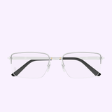 Cartier Optical Frames CT0554O-002 56 by Cartier Sunglasses feature thin silver rectangular frames with black temple tips, shown facing forward on a light purple background.
