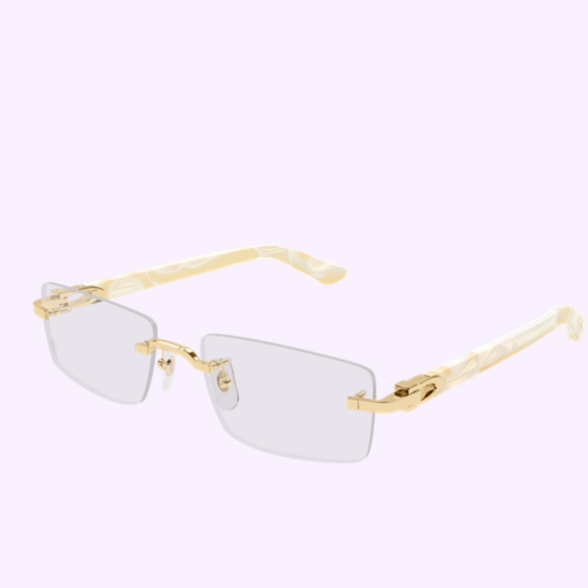 Cartier Optical Frames CT0581O-007 by Cartier Sunglasses feature rimless rectangular clear lenses, a gold nose bridge, and marbled light beige and gold temples—an elegant luxury accessory set against a pale lavender background.