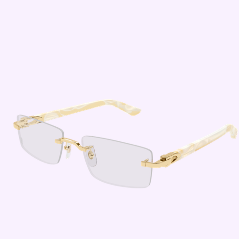 Cartier Optical Frames CT0581O-007 rimless rectangular clear lenses, gold nose bridge, and marbled light beige and gold temples