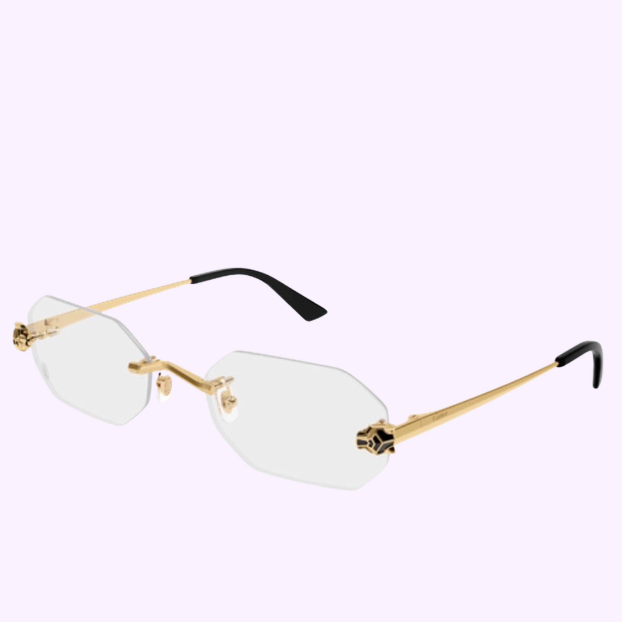 Cartier Optical Frames CT0599O-001 56 by Cartier Sunglasses: gold-rimmed, rimless geometric frames with clear lenses and black temple tips, shown on a light purple background—luxury eyewear with free shipping.