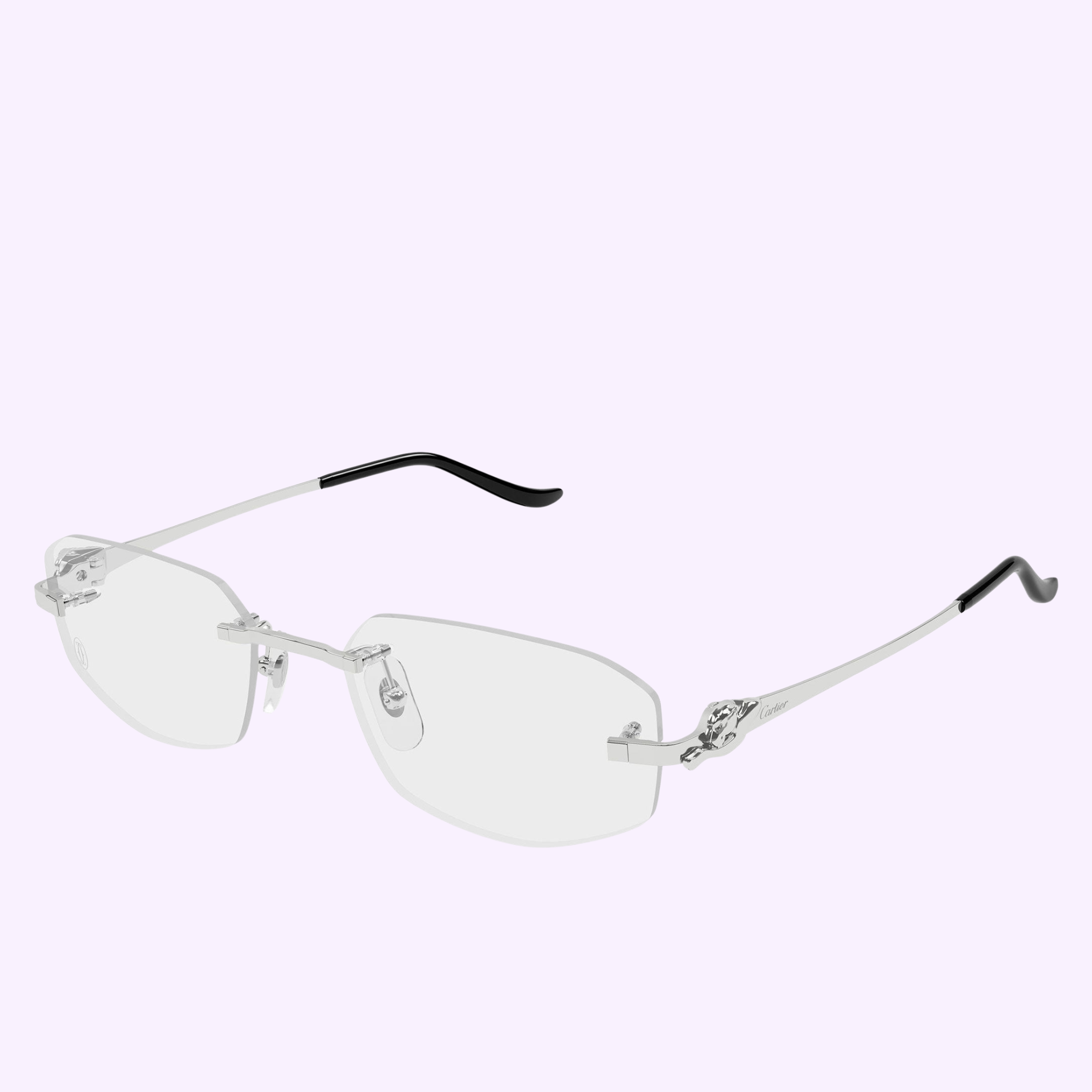 Cartier Optical Frames CT0601O-002 55 by Cartier Sunglasses—rimless frames with slim silver metal temples, clear lenses, adjustable nose pads, and black temple tips on a light lavender background—radiate pure luxury eyewear elegance.
