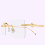 Rimless square eyeglasses with gold metal arms, bridge, and nose pads, featuring a discreet Cartier engraving on the temple. Inspired by luxury eyewear design, the Cartier Optical Frames CT0619O-001 52 from Cartier Sunglasses make a striking statement against a light pastel background.