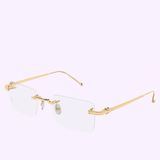 Rimless rectangular Cartier Optical Frames CT0619O-001 52 with gold temples and nose pads, displayed on a light purple background, exemplify luxury eyewear. The refined design of these Cartier Sunglasses pairs timeless elegance with sophisticated craftsmanship.