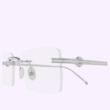A pair of rimless luxury eyewear, the Cartier Optical Frames CT0619O-002 52 by Cartier Sunglasses, featuring thin silver temples and nose pads, set against a light purple background.