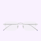 The Cartier Optical Frames CT0619O-002 52 by Cartier Sunglasses showcase a minimalist rimless design with rectangular lenses and sleek silver metal arms, echoing the refined elegance of luxury eyewear, and are displayed against a light purple background.