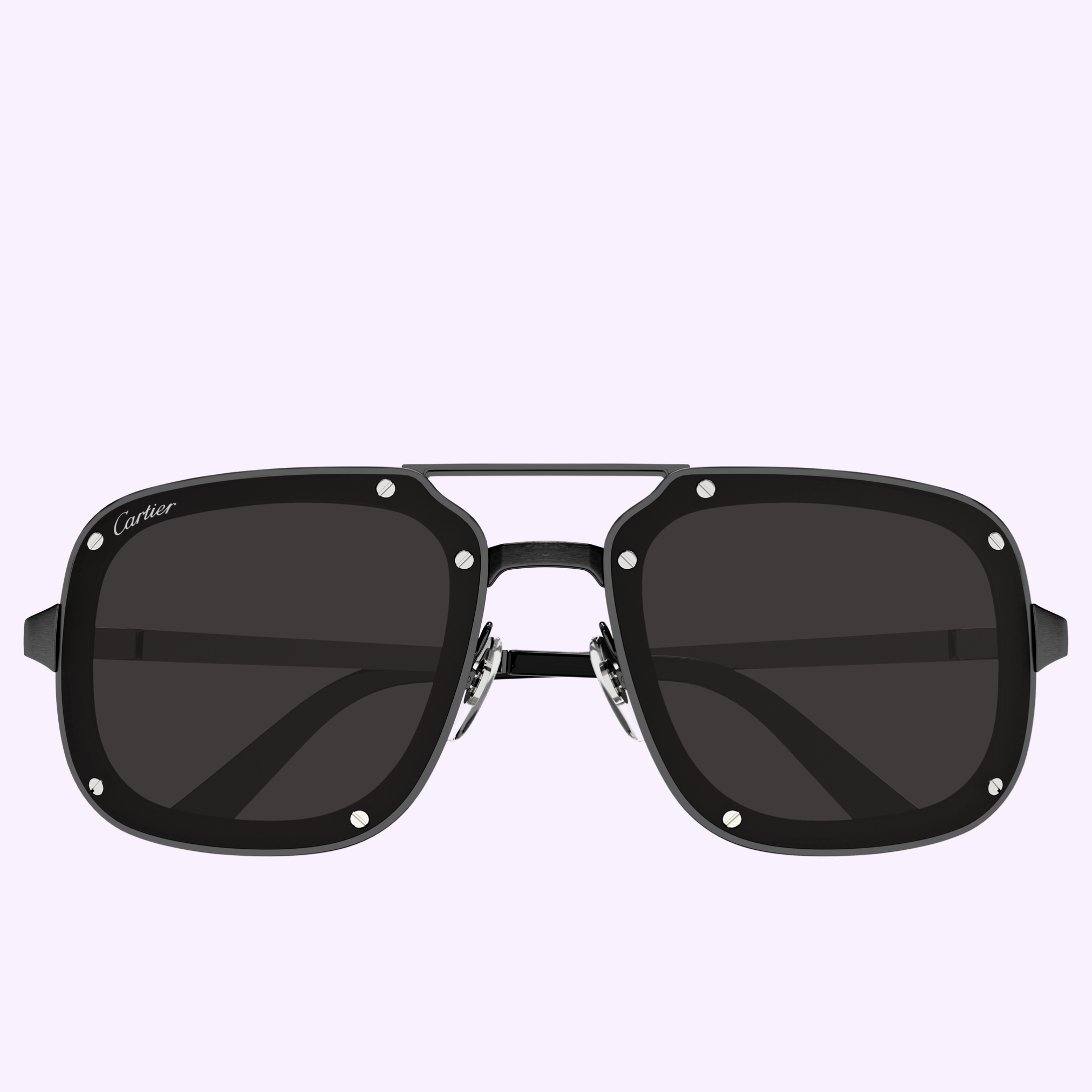 Front view of Cartier Sunglasses CT0194S-004 featuring black frames, dark rectangular lenses, silver rivet accents, and a sleek metal top bridge—luxurious eyewear by Cartier Sunglasses on a light lavender background.