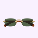 Cartier Sunglasses CT0362S-002 54 Unisex are displayed on a light lavender background, featuring rectangular rimless green lenses, gold-toned hardware, and elegant wood temples—a sophisticated style characteristic of Cartier Sunglasses.