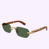 Cartier Sunglasses CT0362S-002 54 Unisex by Cartier Sunglasses featuring gold rims, green tinted lenses, and sophisticated wood temples, showcased on a light purple background.