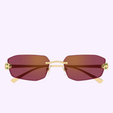 The Cartier Sunglasses CT0474S-002 56 by Cartier Sunglasses feature rectangular frames in gold, intricate gold detailing at the hinges, and gradient burgundy lenses, presented against a pale lavender background—an elegant luxury eyewear design inspired by the iconic style of Cartier.