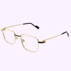 The Cartier Optical CT0518O-001 51 women's eyeglasses feature gold metal thin square frames with black accents and black arm tips, offering a luxurious style, shown against a light purple background. UPC: 843023179342.
