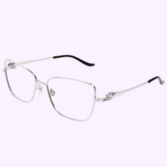 The Cartier Optical Sunglasses CT0523O-002 55 (UPC 843023179489) feature silver metal frames with large rectangular lenses and black tips, elegantly displayed on a light lavender background.