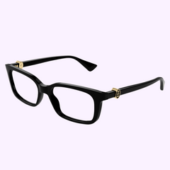 Sleek black rectangular Cartier Optical CT0525O-005 55 eyeglasses with thick frames and gold hinge accents, showcased on a light purple background—luxury eyewear, UPC 843023179533.