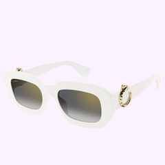 Cartier Sunglasses CT0546S-003 52 feature a white rectangular frame, dark gradient lenses, and gold panther-shaped temple details—an exquisite luxury accessory. UPC: 843023181284.
