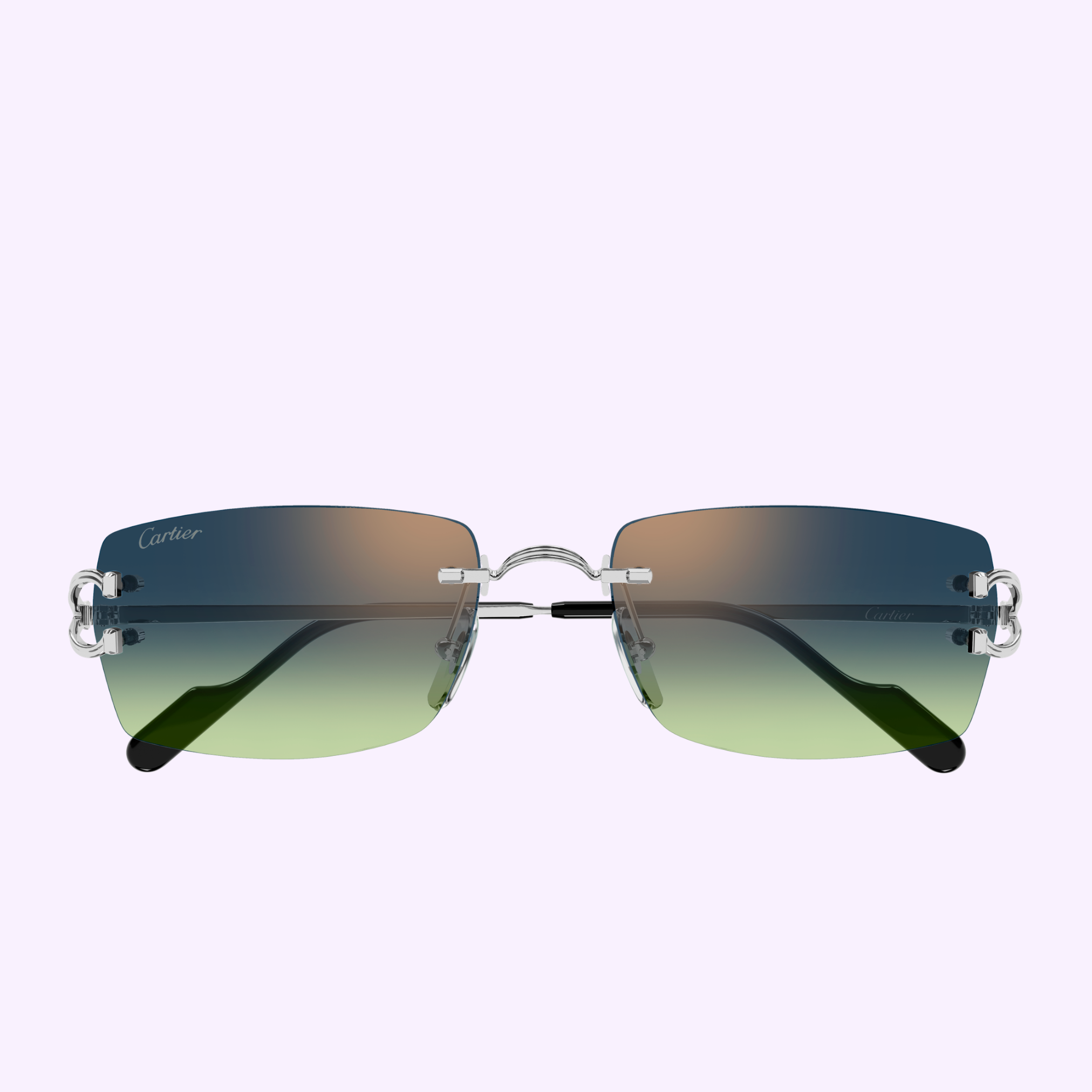 Experience luxury with Cartier Sunglasses CT0550S-008 56—rimless rectangular frames, gradient dark blue to green lenses, and elegant silver metal temples—set against a light pastel background.