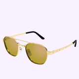 The Cartier Sunglasses CT0571S-004 52 feature a gold aviator-style frame with yellow-tinted lenses and black tips on the arms, showcased against a plain light background.