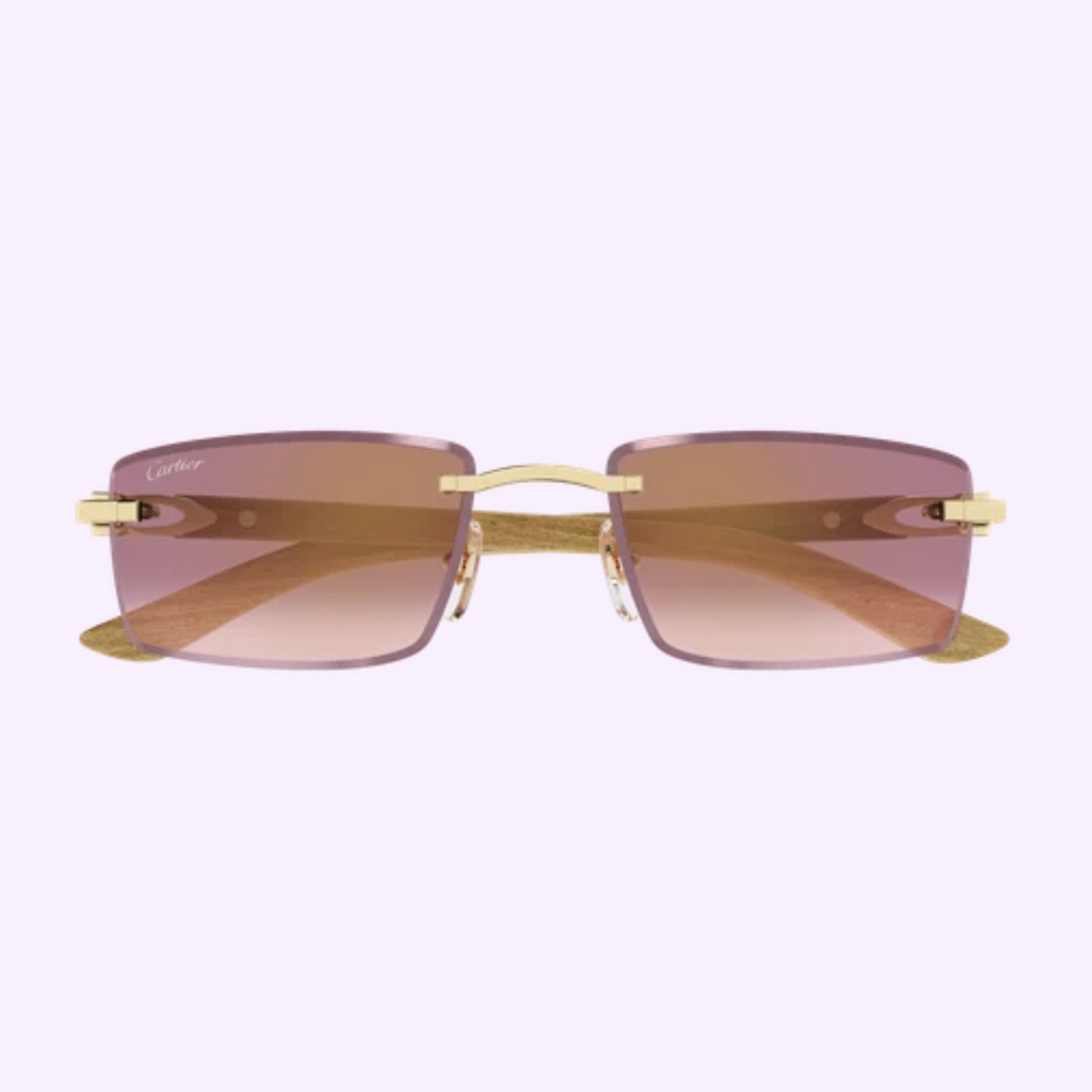 Cartier CT0582S-002 56 men's sunglasses, rimless gold-tone metal with burgundy wood temples, front view