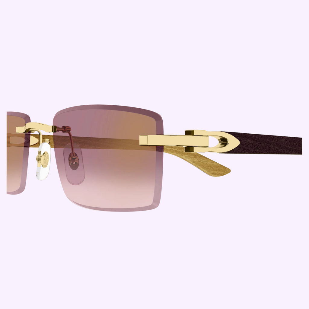 Cartier CT0582S-002 56 men's sunglasses, rimless gold-tone metal with burgundy wood temples, side view