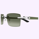 Cartier Sunglasses CT0582S-005 56 Men feature rectangular green lenses, a silver metal frame, and black arms—ideal luxury eyewear for men—displayed on a light purple background.