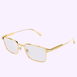 Cartier Optical Frames CT0613O-006 55 by Cartier Sunglasses—gold rectangular luxury eyewear with clear lenses, thin arms, and nose pads—displayed on a light purple background.