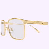 Cartier Optical Frames CT0613O-006 55 by Cartier Sunglasses feature gold rectangular frames, clear lenses, screw details, and an engraved logo on the arm, displayed against a light purple background.