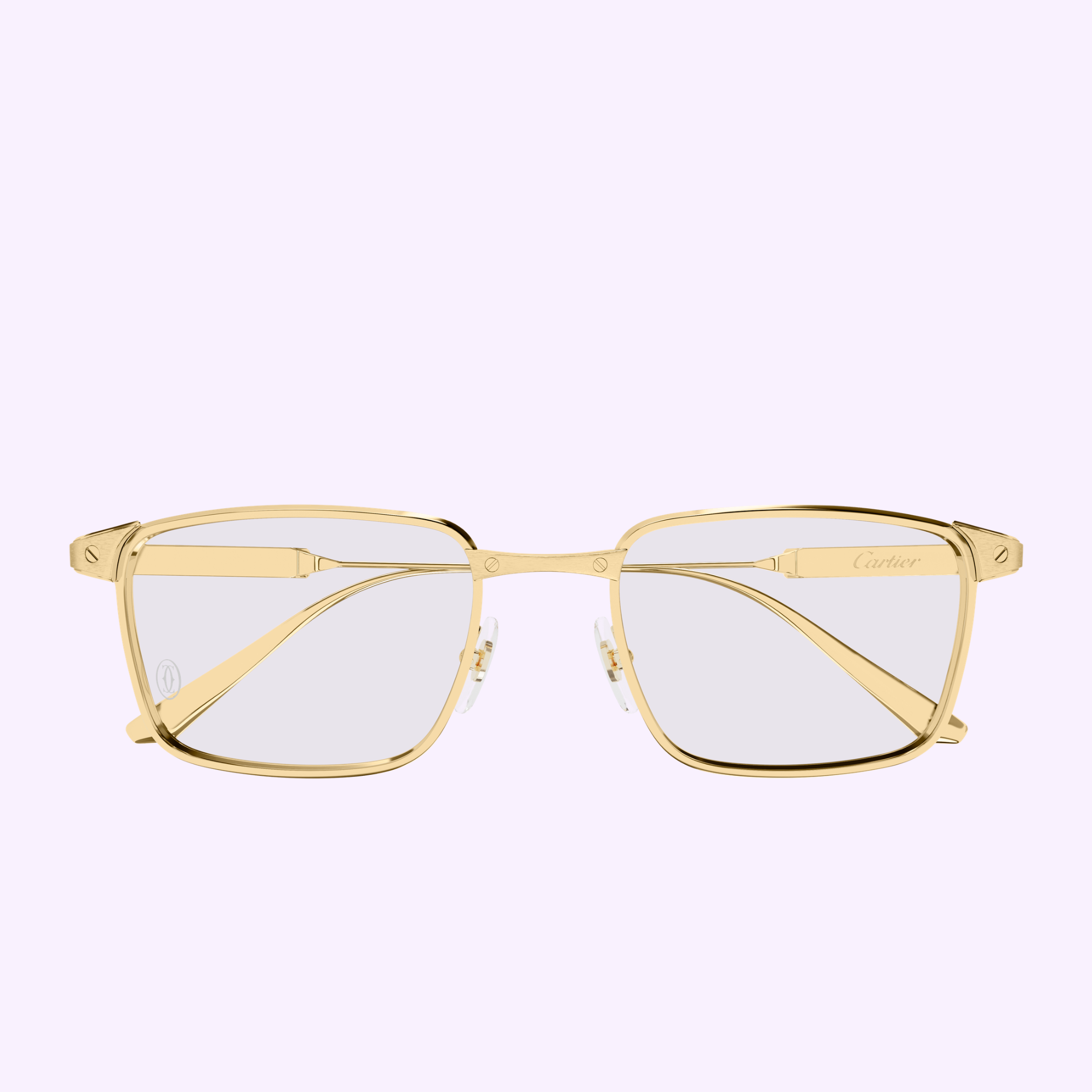 A pair of gold Cartier Optical Frames CT0613O-006 55 by Cartier Sunglasses, featuring clear lenses and minimalist branding on one lens, showcased on a light purple background in a modern luxury design.