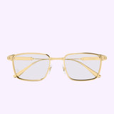A pair of gold Cartier Optical Frames CT0613O-006 55 by Cartier Sunglasses, featuring clear lenses and minimalist branding on one lens, showcased on a light purple background in a modern luxury design.