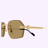 Close-up view of Cartier Sunglasses CT0616S-002 54, showcasing geometric brown lenses, gold frames, and black temple tips from Cartier Sunglasses, displayed against a light background.