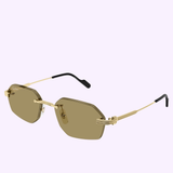 The Cartier Sunglasses CT0616S-002 54 feature a striking gold geometric frame with brown-tinted lenses and sleek black arm tips, elegantly presented against a light purple background—showcasing the signature luxury of Cartier Sunglasses.
