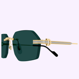 A close-up 3D render highlights Cartier Sunglasses CT0616S-003 54, featuring dark green geometric lenses and gold-black arms, showcasing luxury eyewear by Cartier Sunglasses against a light lavender background.