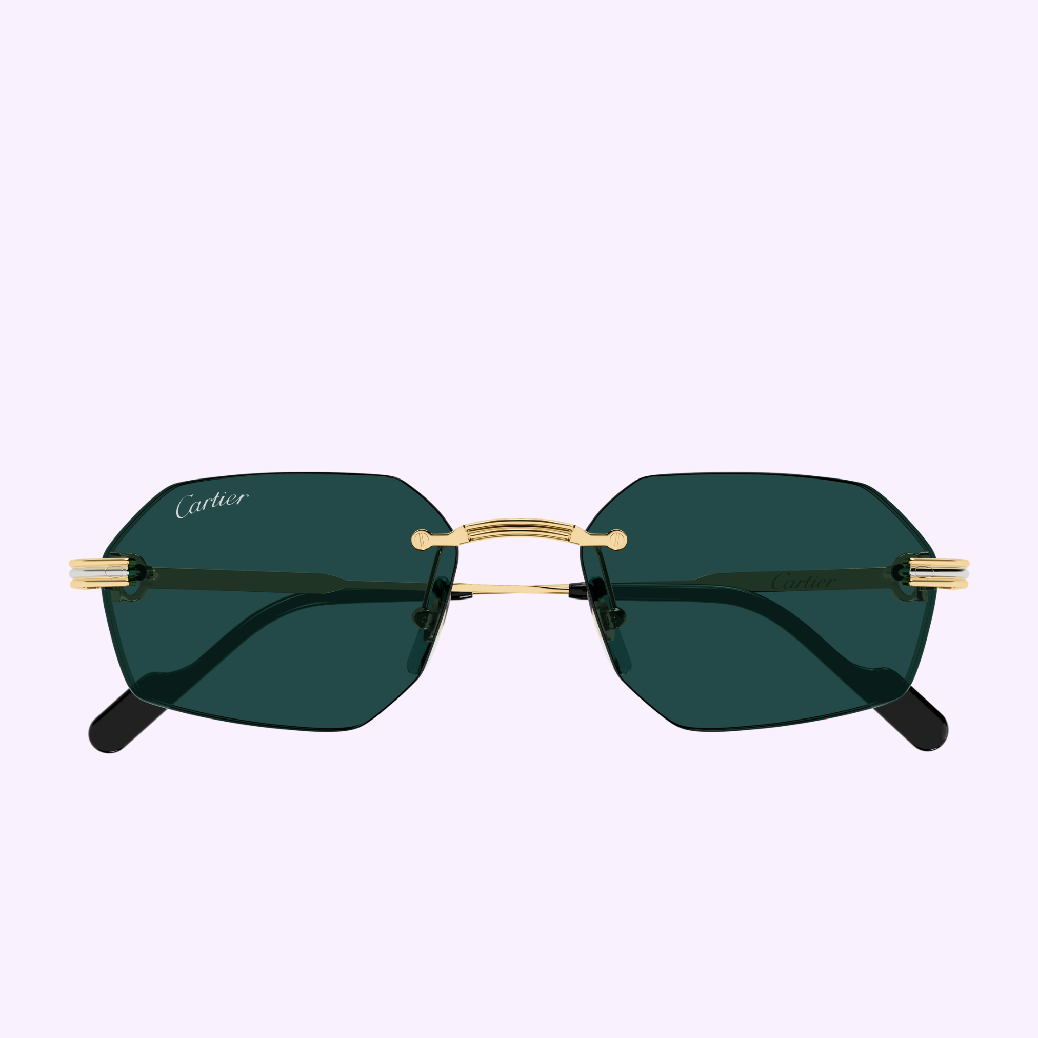 Front view of Cartier Sunglasses CT0616S-003 54 with geometric dark green lenses, gold metal bridge and hinges, and black temple tips, displayed on a light purple background.