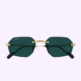 Front view of Cartier Sunglasses CT0616S-003 54 with geometric dark green lenses, gold metal bridge and hinges, and black temple tips, displayed on a light purple background.