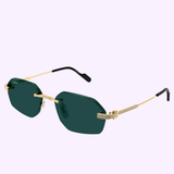 Cartier Sunglasses CT0616S-003 54 feature gold-rimmed geometric frames, dark green lenses, and black temple tips, displayed on a light lavender background for a refined luxury eyewear statement.
