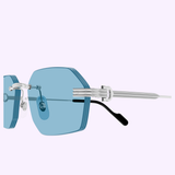 Close-up of Cartier Sunglasses CT0616S-005 54 featuring blue hexagonal lenses, silver metal arms, clear nose pads, and black temple tips—a luxury eyewear piece by Cartier Sunglasses set against a light purple background.