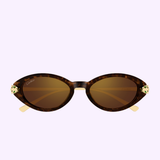 Cartier Sunglasses CT0634S-002 52 feature a brown, oval tortoiseshell frame with gold temple tips and signature gold panther head accents—luxury eyewear by Cartier Sunglasses displayed on a plain light background.