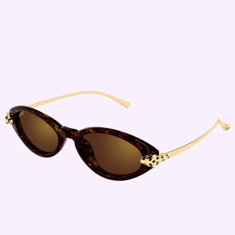 Cartier Sunglasses CT0634S-002 52 brown tortoiseshell cat-eye frame with panther head accents
