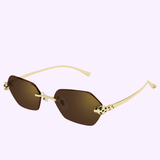 These Cartier Sunglasses CT0636S-002 55 showcase gold frames, geometric brown lenses, and distinctive spotted temples, all elegantly displayed on a light purple background.