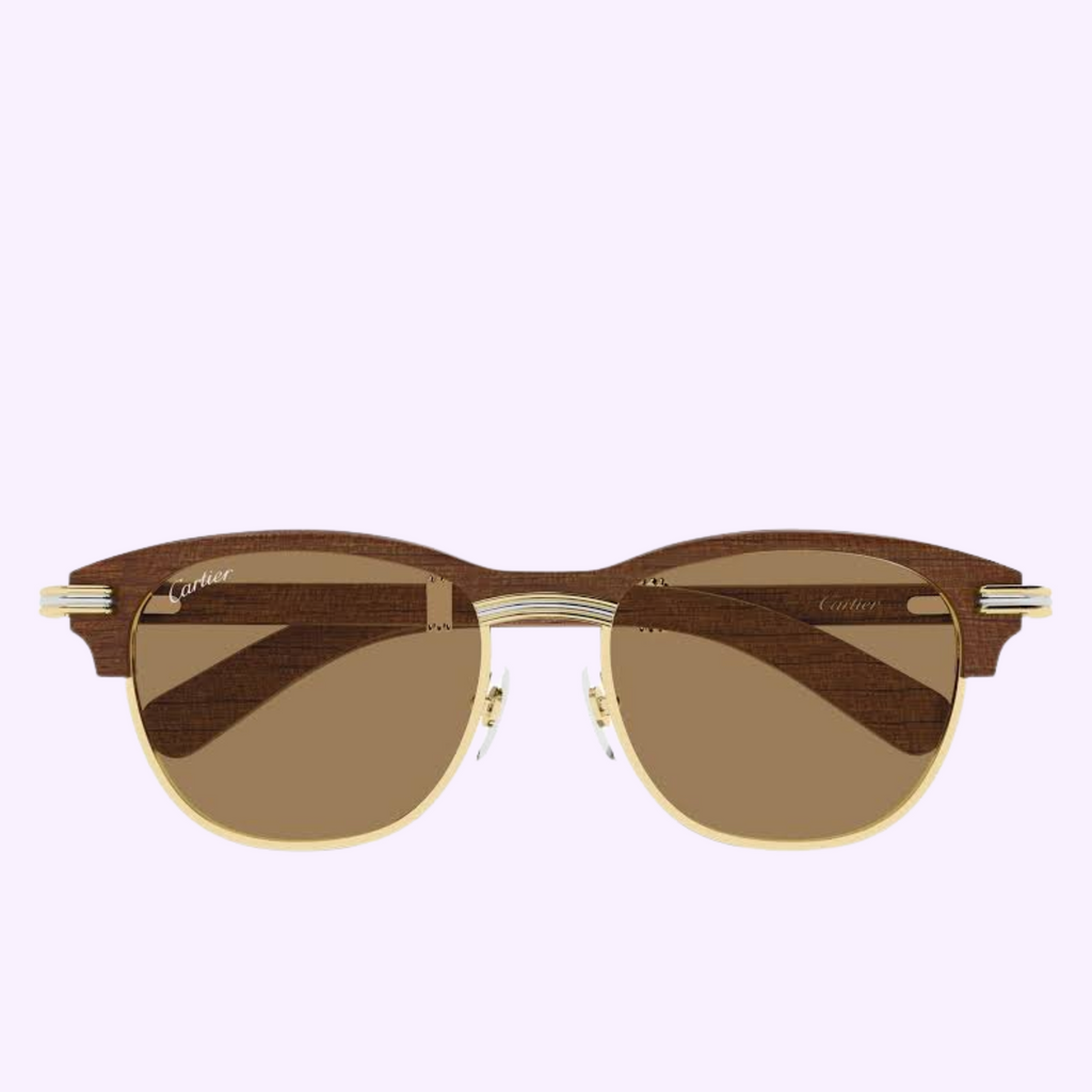 Cartier CT0656S-003 55 sunglasses with gold-tone frame, brown lenses and wood-grain temples, front view