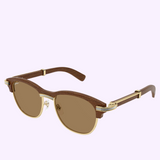 Cartier Sunglasses CT0656S-003 55 with brown lenses, gold-tone metal rims, and dark wood-texture temples.