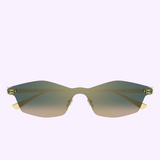 Cartier Sunglasses CT0678S-002 99, featuring gold rims, gradient green lenses, and decorative accents on the arms, are showcased against a light purple background—an exquisite selection for lovers of luxury eyewear.