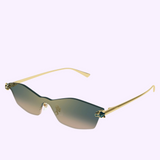 Cartier Sunglasses CT0678S-002 99 feature a minimalist, rimless design with angular, gradient-tinted lenses and thin, elegant gold arms. Set against a light purple background, these luxury sunglasses by Cartier Sunglasses showcase refined craftsmanship and embody timeless sophistication and style.