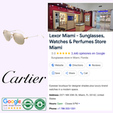 A store display for Lexor Miami features luxury eyewear with a curated selection of sunglasses, watch showcases, store info, ratings, and the iconic Cartier CT0053S 003 55 Unisex Sunglasses and Cartier Sunglasses logo showcased on a stylish promotional collage.