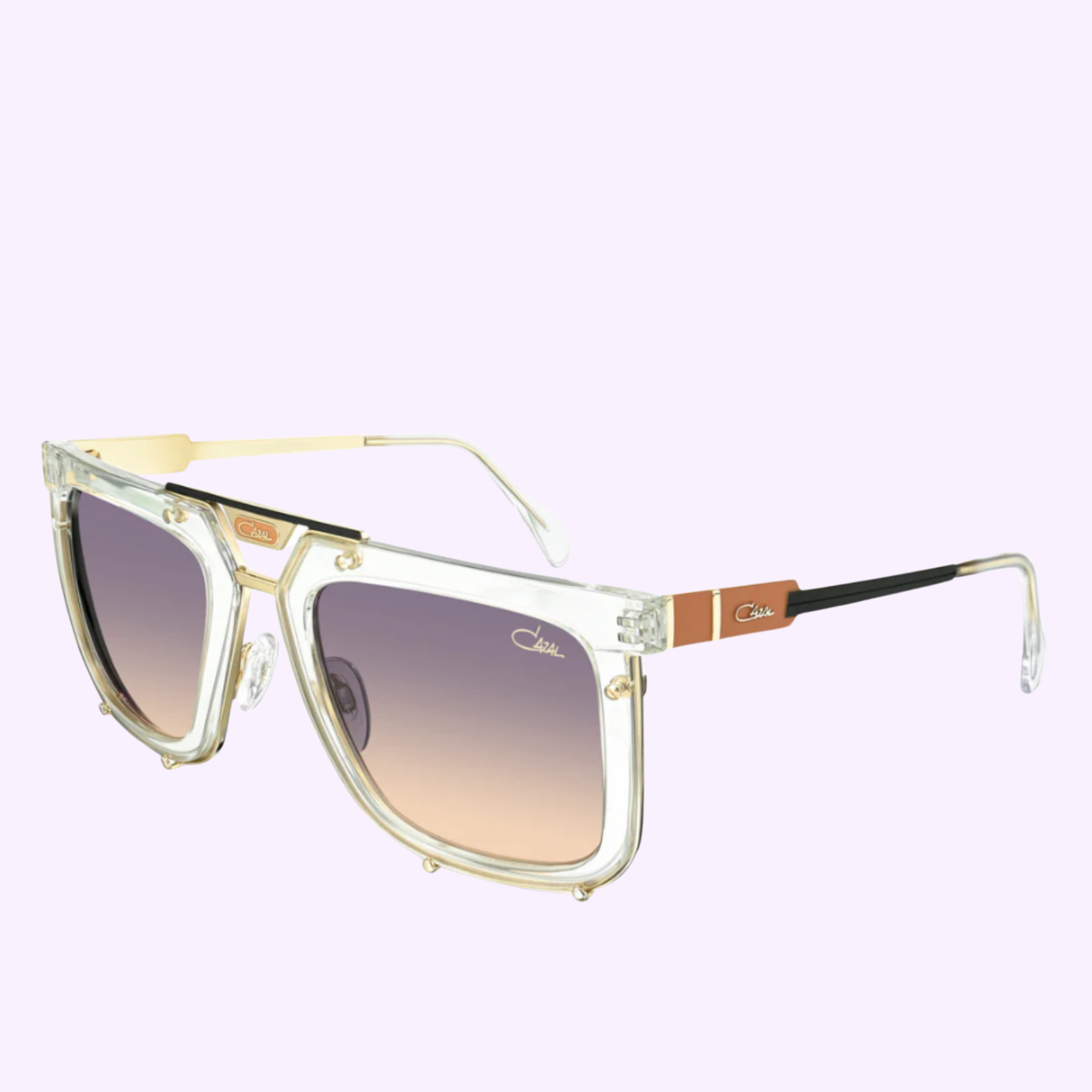 Square-shaped unisex sunglasses featuring clear frames, gold accents, and gradient lenses encapsulate the style of the Cazal 648 004 MOD 648 LIMITED (758147064842) from Cazal Sunglasses. These eye-catching shades are presented against a light purple background for a bold, modern appeal.