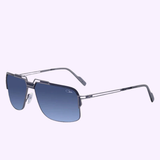 The Cazal 9103-03 Women Sunglasses by Cazal Sunglasses feature an iconic aviator style with thin silver metal frames and dark blue gradient lenses, elegantly displayed on a light background.