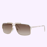 Cazal 9103-04 White-Gold Women Sunglasses by Cazal Sunglasses, featuring a geometric double-bridge design with thin metal arms and brown gradient lenses, displayed on a light purple background.