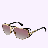 Cazal Sunglasses MOD 050 Anniversary Edition Gold-Black 001 by Cazal Sunglasses featuring gradient pink lenses, black side shields, and black arms, displayed on a light purple background—a true luxury piece from the Anniversary Edition collection.