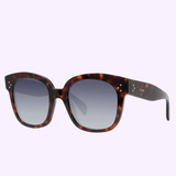 Celine CL4002UN 54D 54 women sunglasses by Celine Sunglasses with tortoiseshell square thick frames and gradient dark lenses, displayed against a light purple background.