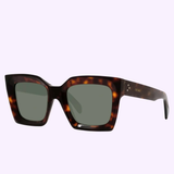 Celine CL40130I 52N 51 Women Sunglasses feature rectangular brown tortoiseshell frames, dark green lenses, and a small gold logo on the temple. These geometric Celine sunglasses provide timeless sophistication.