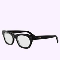 Celine Optical Frames CL50166I 53001: Black rectangular eyeglasses with thick frames, silver dots at the front corners, and CELINE in gold on the temple, from Celine Sunglasses, shown on a light lavender background.